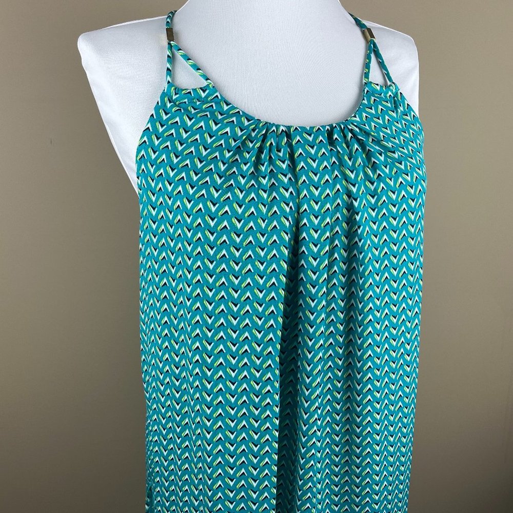 Worthington Sleeveless Blouse Size M Green Yellow White, Geometric Print